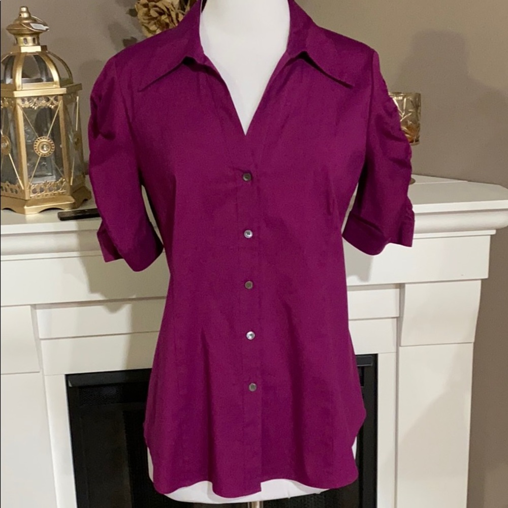 Lafayette 148 Stretch Ruched Sleeve Button Up Top